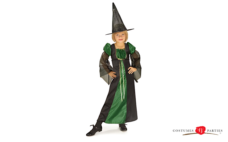 Girl wearing a witch costume for a dress-up corner.